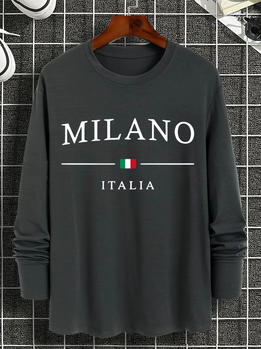 100% pure cotton men's long sleeved round neck loose casual MILANO ITALIA printed spring and autumn versatile T-shirt top