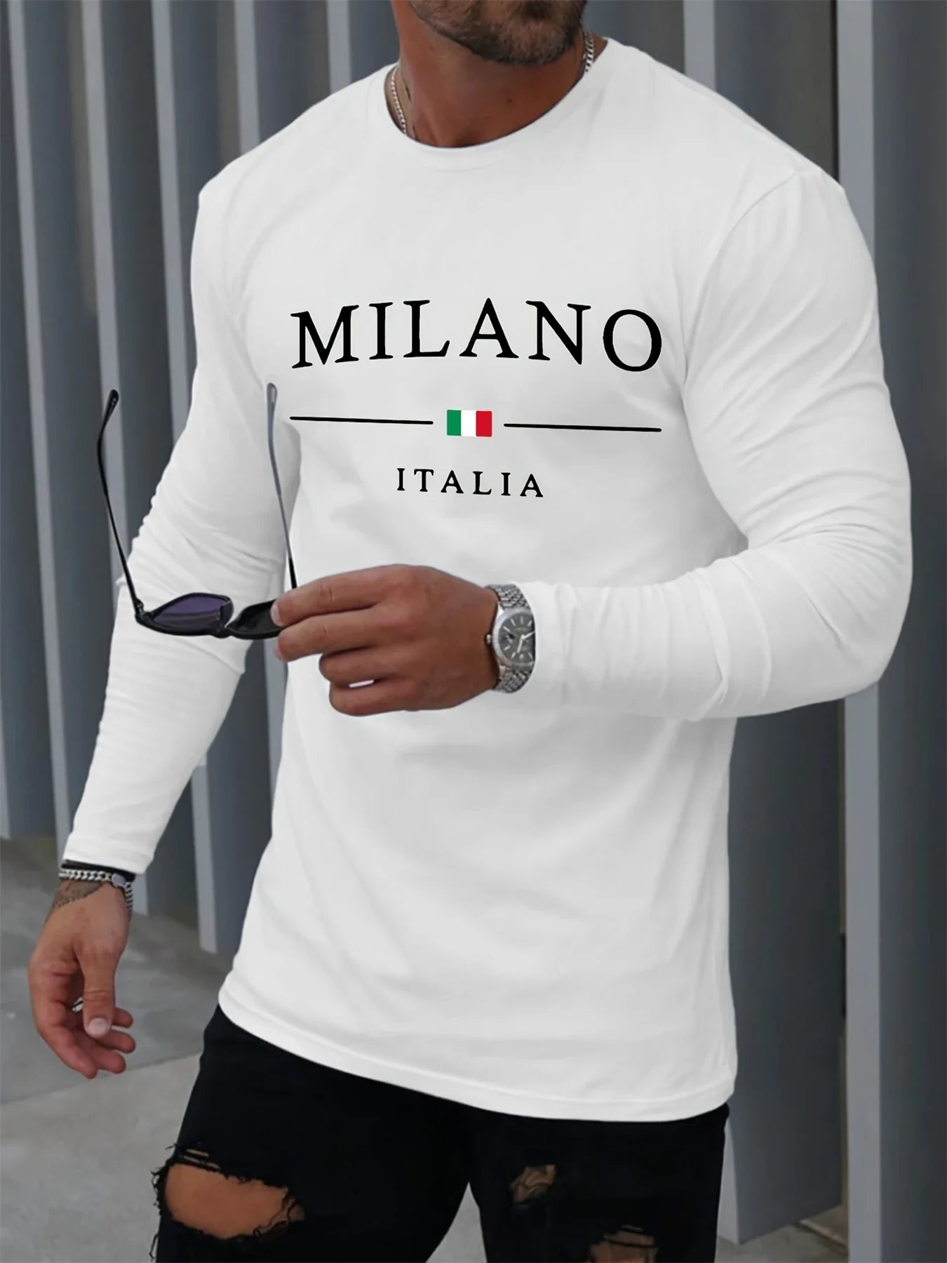 100% pure cotton men's long sleeved round neck loose casual MILANO ITALIA printed spring and autumn versatile T-shirt top