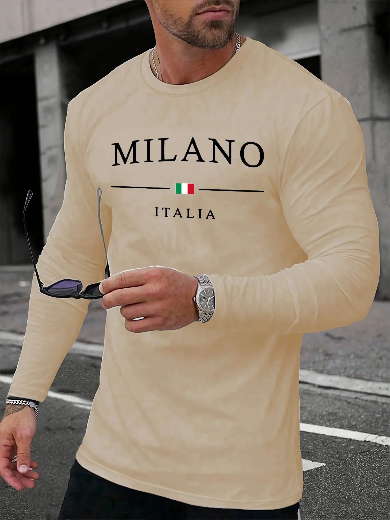 100% pure cotton men's long sleeved round neck loose casual MILANO ITALIA printed spring and autumn versatile T-shirt top
